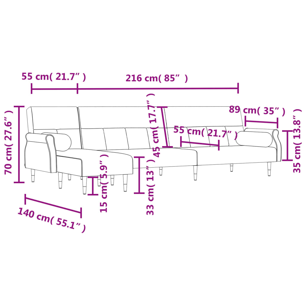 vidaXL L-formad soffa svart 271x140x70 cm sammet