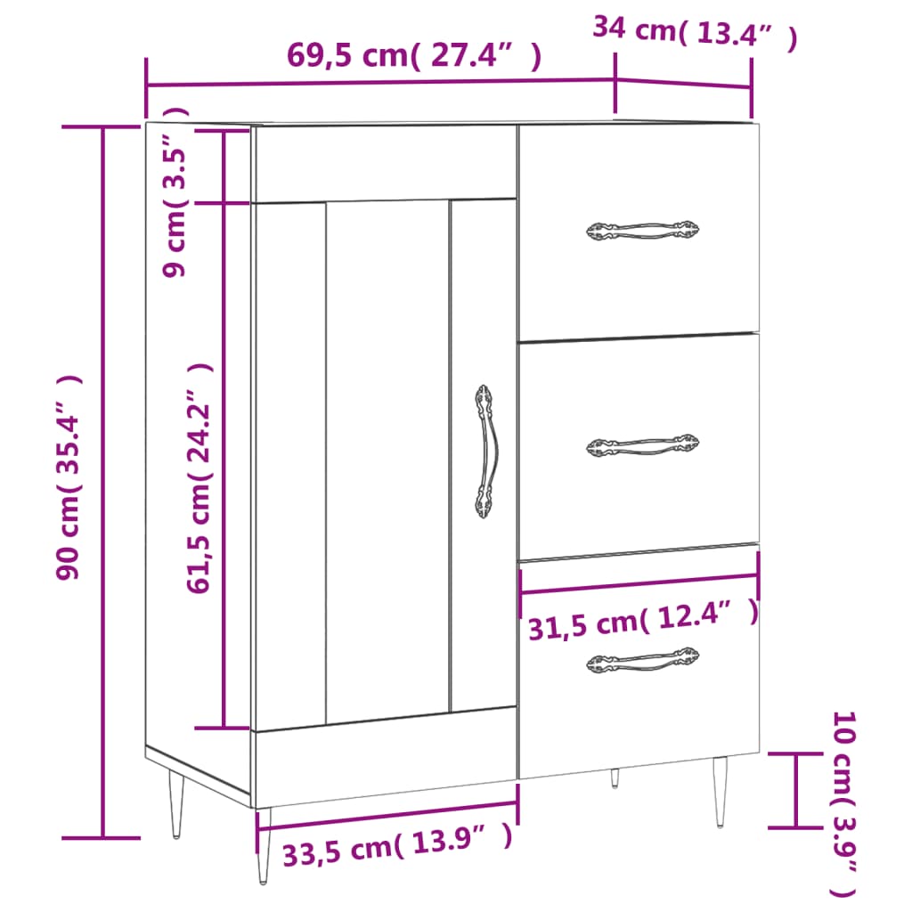 vidaXL Skänk sonoma-ek 69,5x34x90 cm konstruerat trä