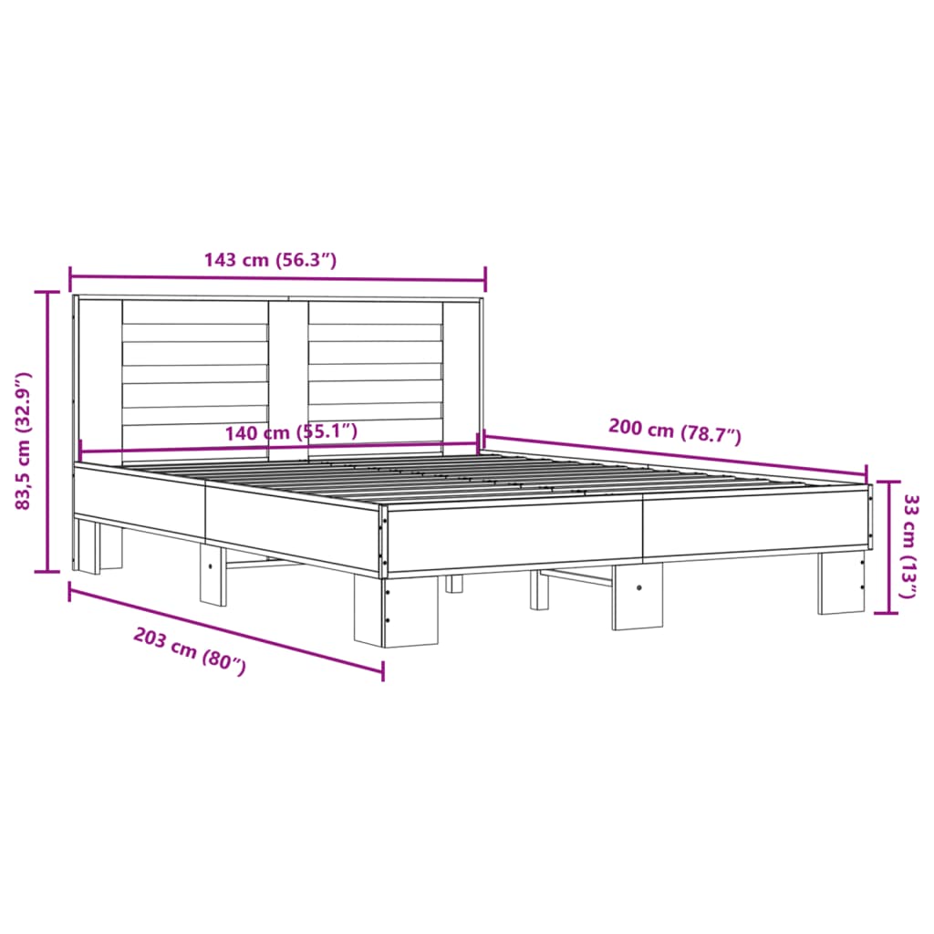 vidaXL Sängram rökfärgad ek 140x200 cm konstruerad trä och metall