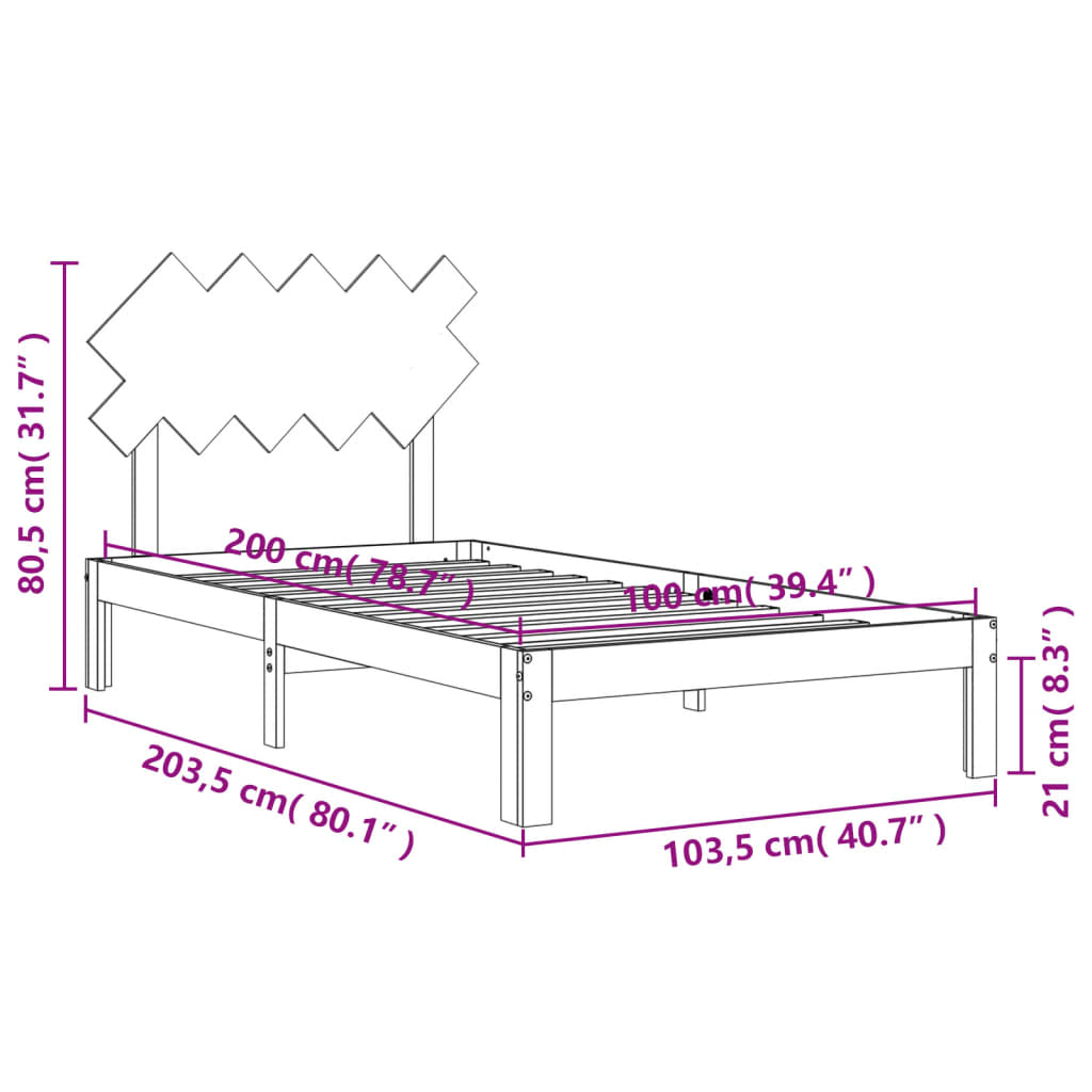 vidaXL Sängram med huvudgavel vit 100x200 cm massivt trä