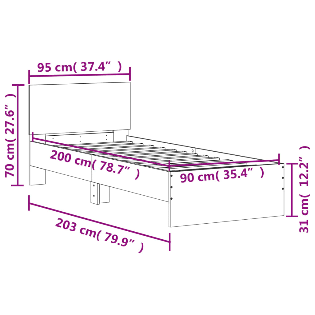 vidaXL Sängram utan madrass med huvudgavel sonoma-ek 90x200 cm