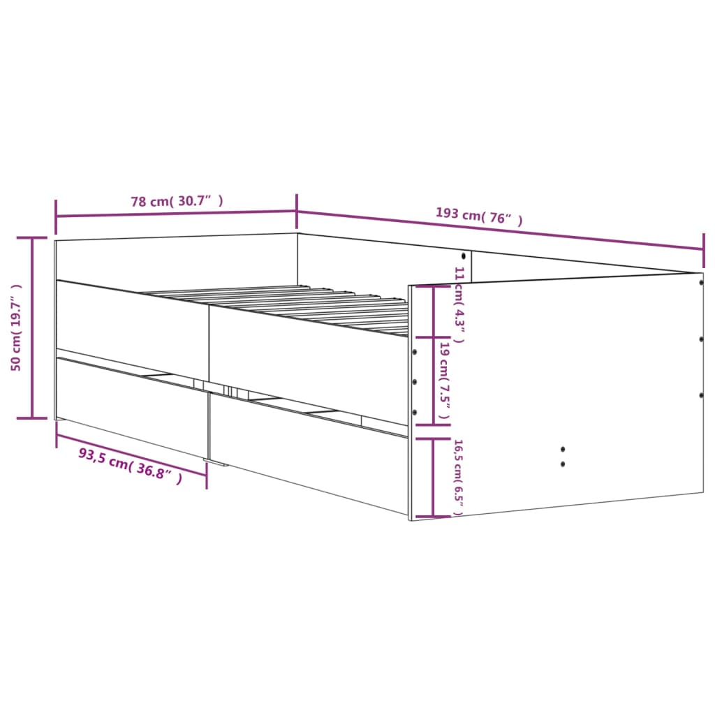 vidaXL Sängram med lådor sonoma-ek 75x190 cm