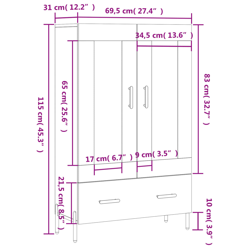 vidaXL Högskåp vit 69,5x31x115 cm konstruerat trä