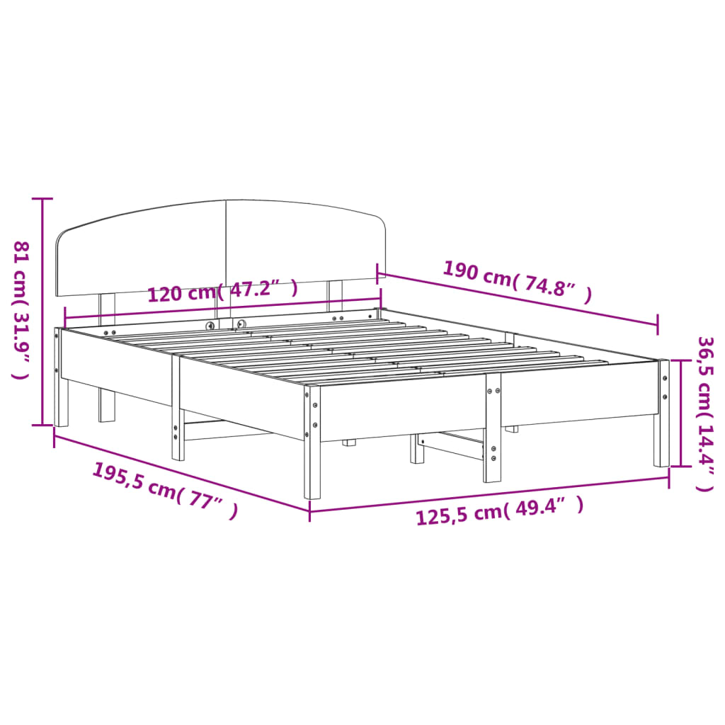 vidaXL Sängram utan madrass vit 120x190 cm massiv furu