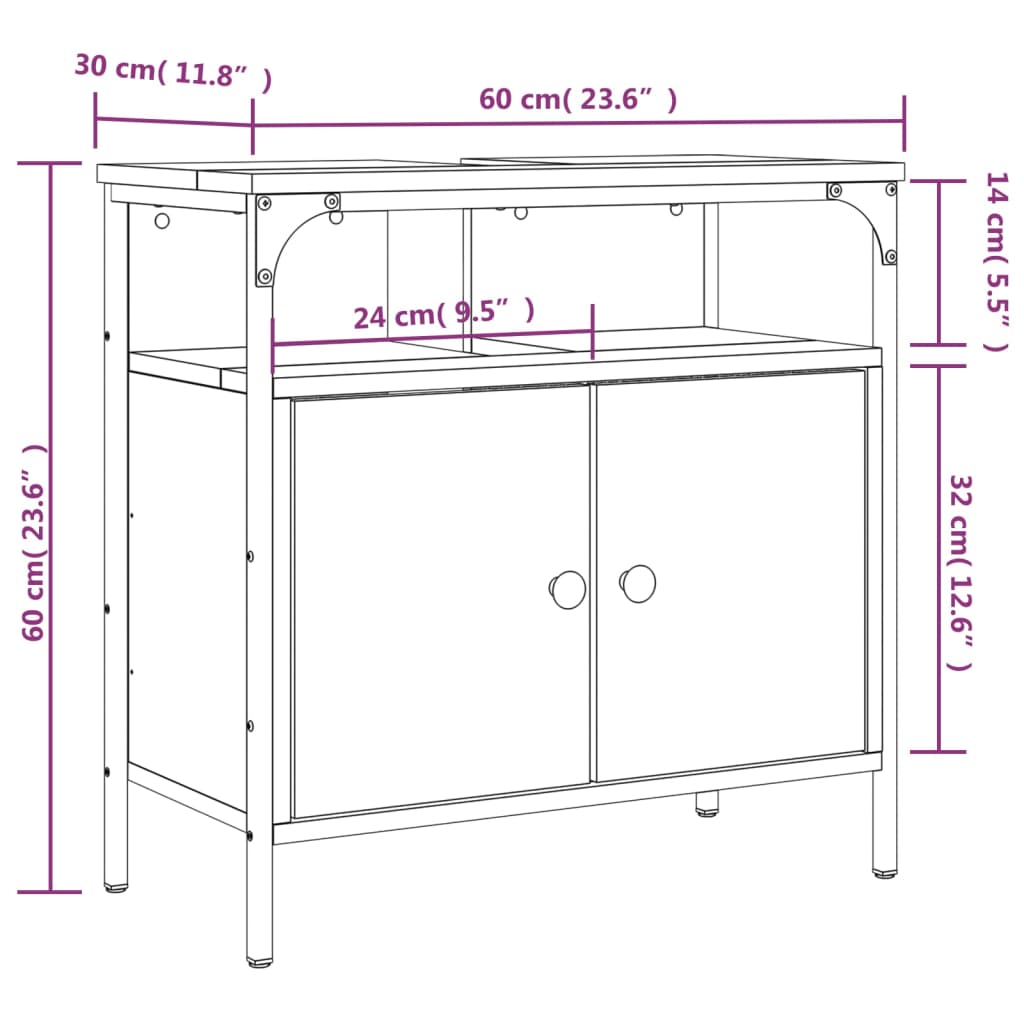 vidaXL Tvättställsskåp rökfärgad ek 60x30x60 cm konstruerat trä