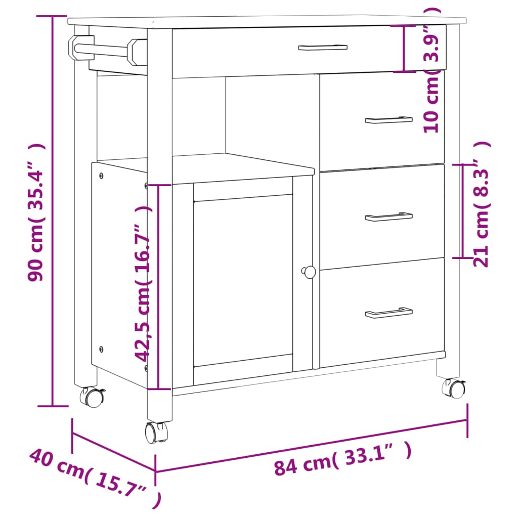 vidaXL Köksvagn MONZA 84x40x90 cm massivt furu