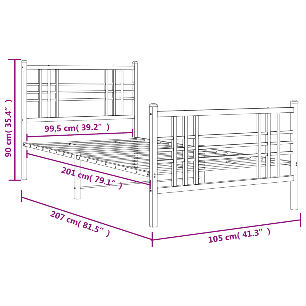 vidaXL Sängram med huvudgavel och fotgavel vit metall 100x200 cm