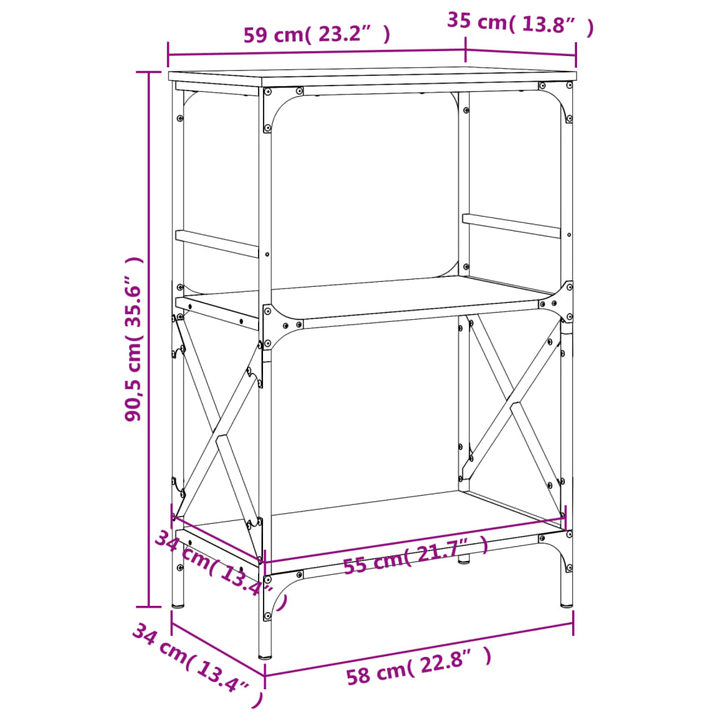 vidaXL Bokhylla 3 hyllplan brun ek 59x35x90,5 cm konstruerat trä