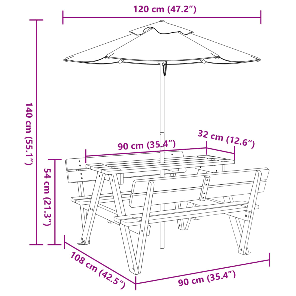 vidaXL Picknickbord med parasoll för 4 barn massivt granträ