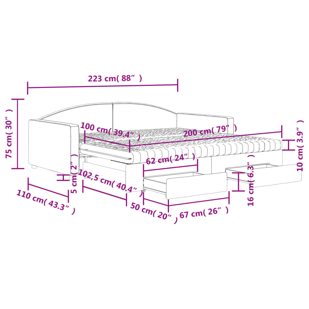 vidaXL Dagbädd utdragbar med lådor ljusgrå 100x200 cm tyg