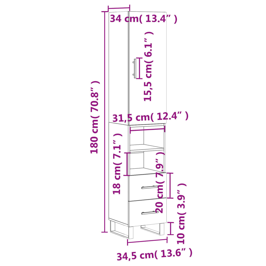 vidaXL Högskåp vit 34,5x34x180 cm konstruerat trä