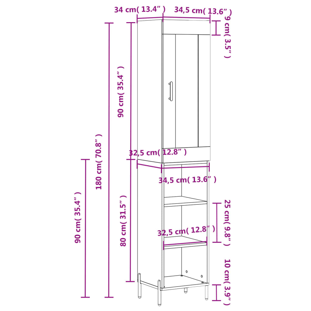 vidaXL Högskåp betonggrå 34,5x34x180 cm konstruerat trä