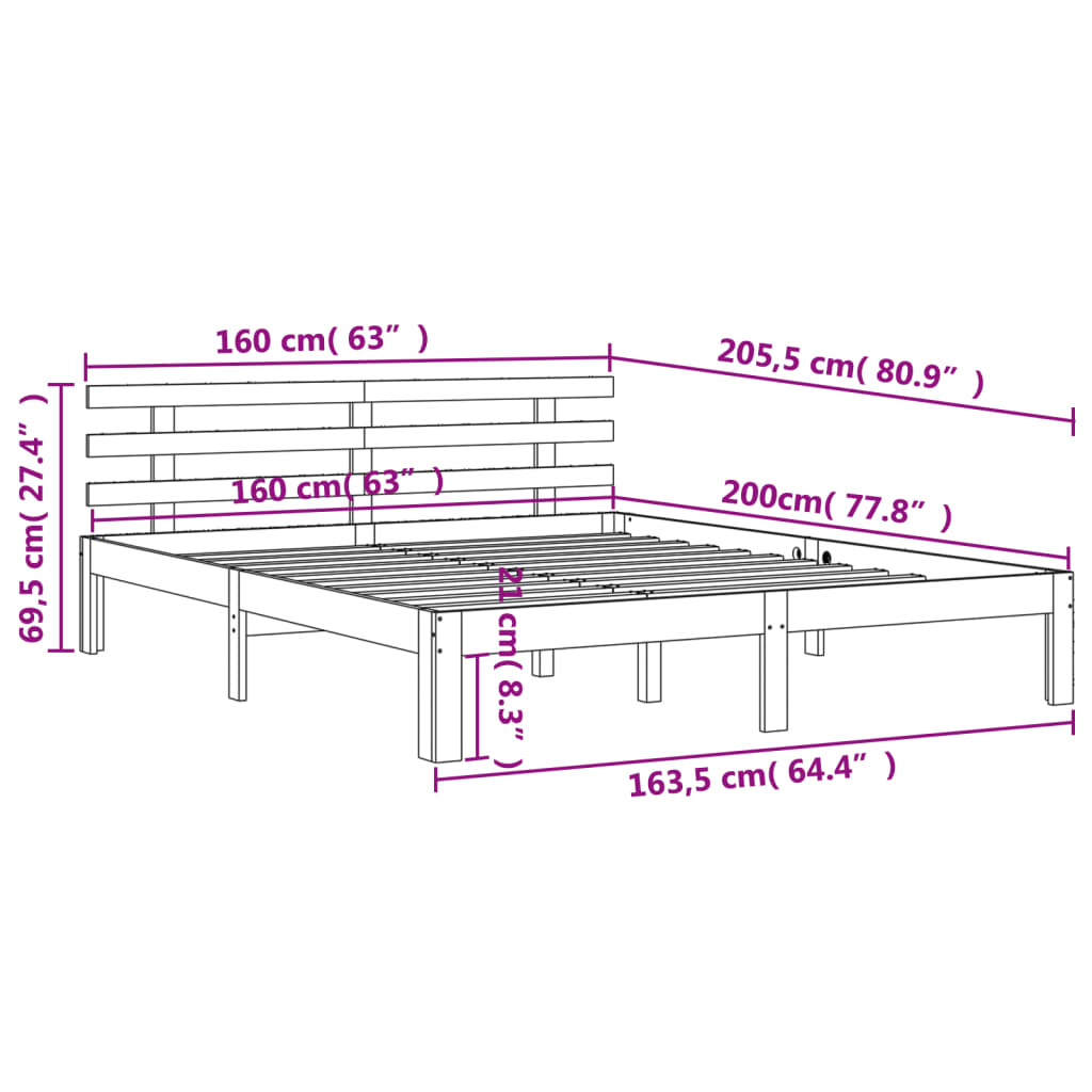 vidaXL Sängram utan madrass vaxbrun 160x200 cm massiv furu