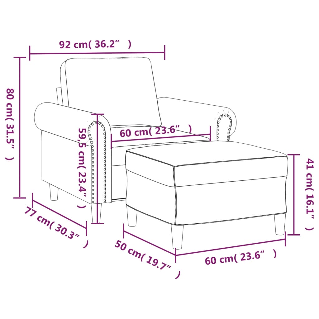 vidaXL Fåtölj med fotpall ljusgrå 60 cm sammet