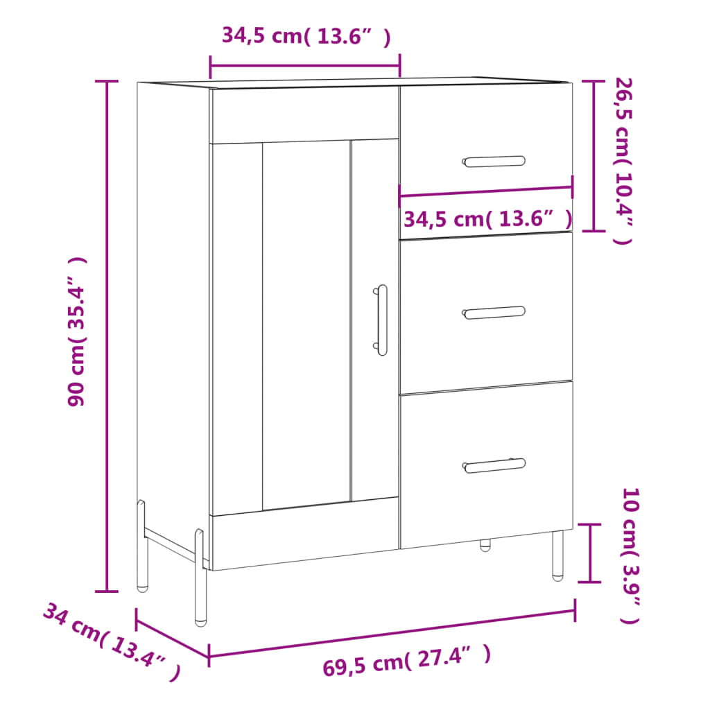 vidaXL Skänk vit högglans 69,5x34x90 cm konstruerat trä