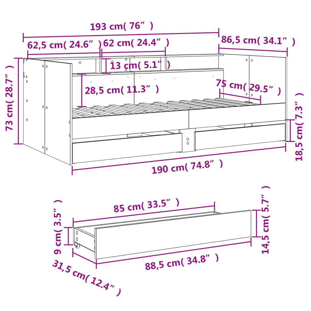 vidaXL Dagbädd med lådor utan madrass sonoma-ek 75x190 cm