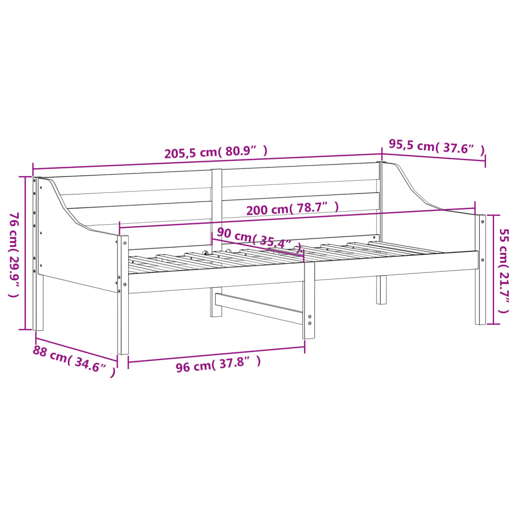 vidaXL Dagbädd utan madrass vit 90x200 cm massiv furu