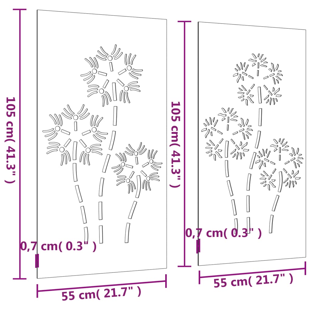 vidaXL Väggdekorationer 2 delar 105x55cm rosttrögt stål blomdesign