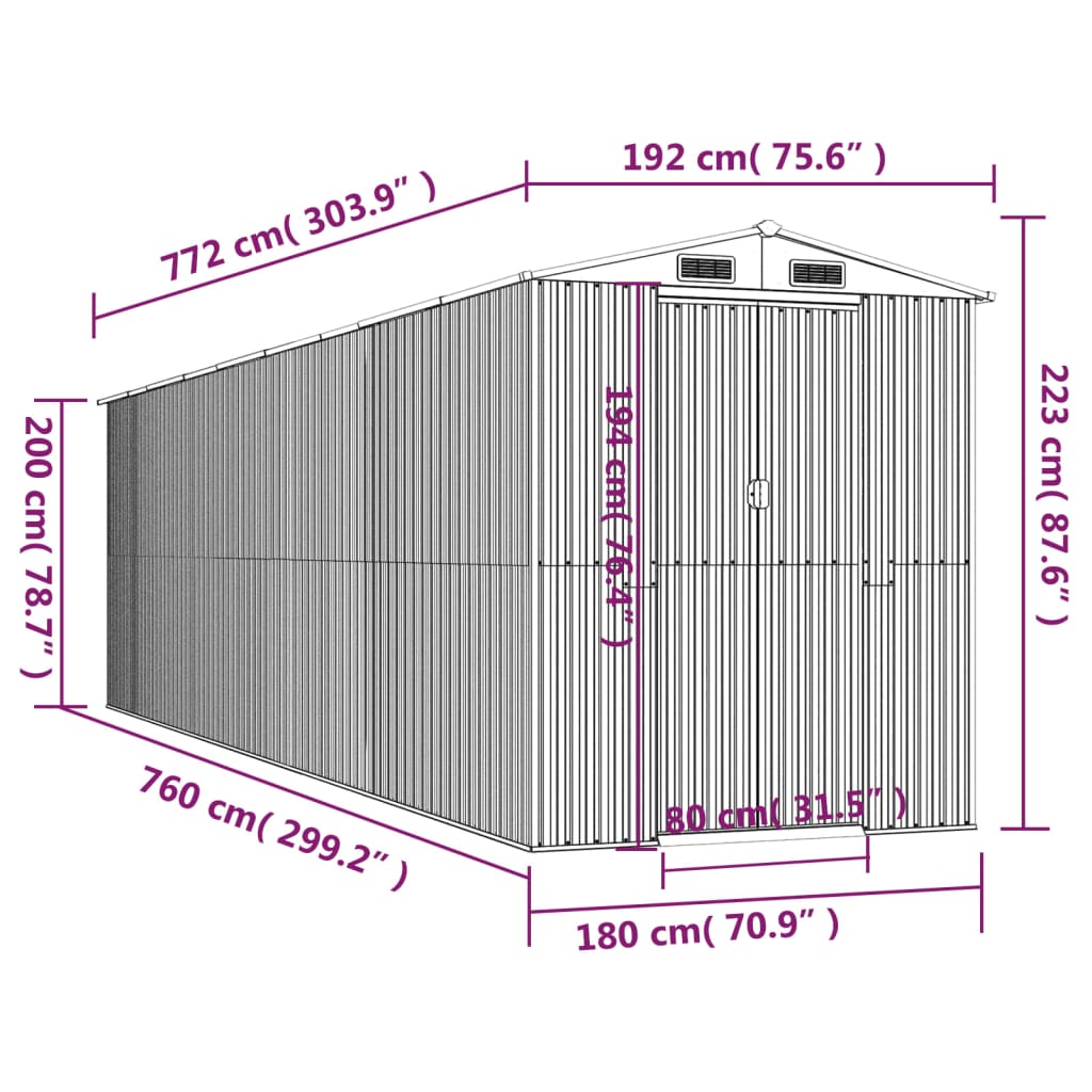 vidaXL Trädgårdsskjul mörkbrun 192x772x223 cm galvaniserat stål