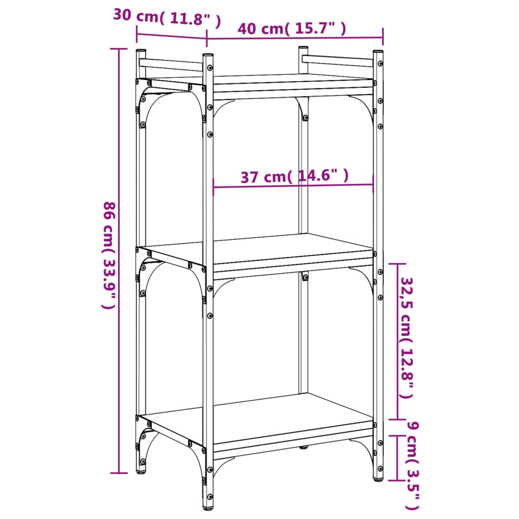 vidaXL Bokhylla 3 hyllplan sonoma-ek 40x30x86 cm konstruerat trä