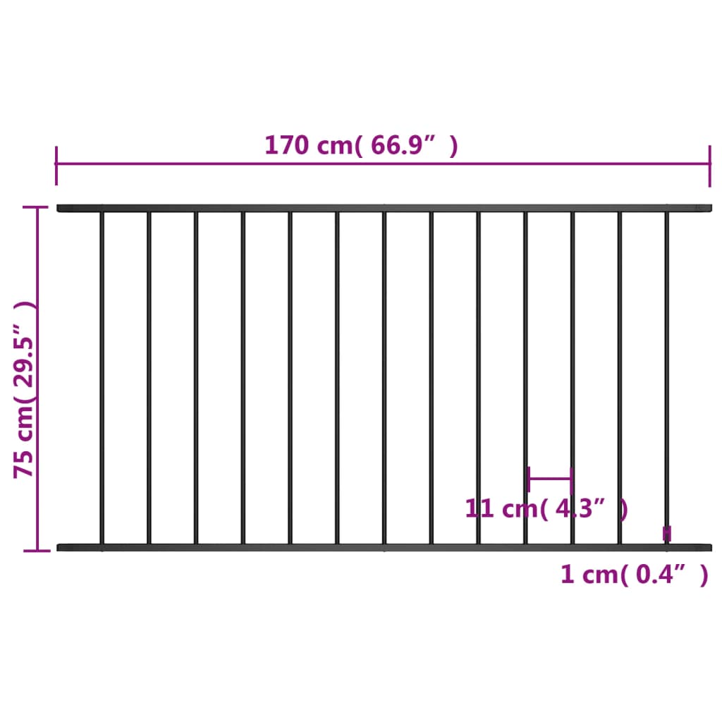 vidaXL Staketpanel pulverlackerat stål 1,7x0,75 m svart