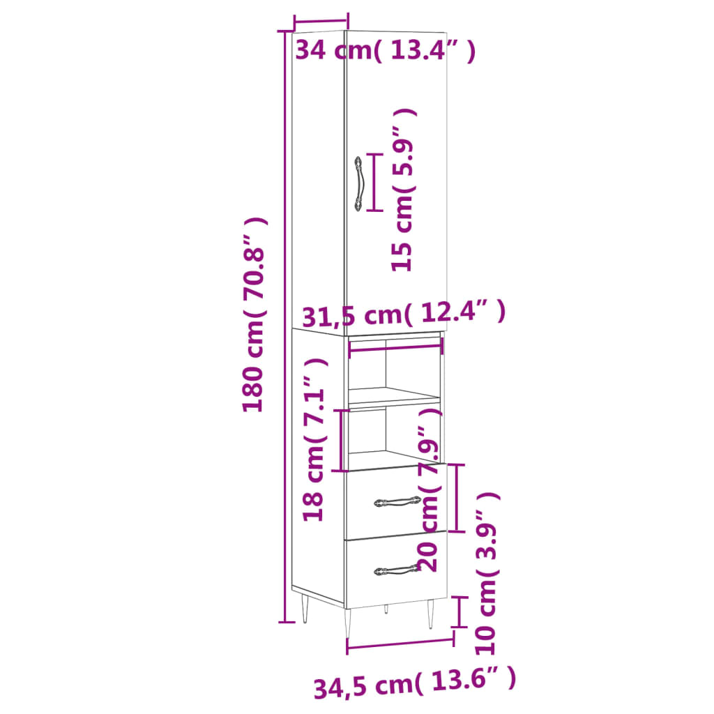 vidaXL Högskåp vit 34,5x34x180 cm konstruerat trä