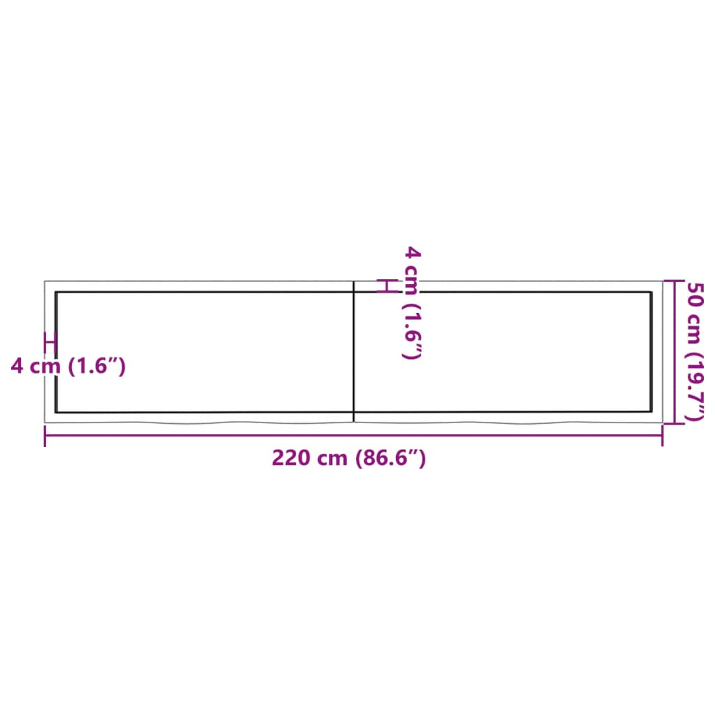 vidaXL Bänkskiva för badrum 220x50x(2-6) cm obehandlat massivt trä