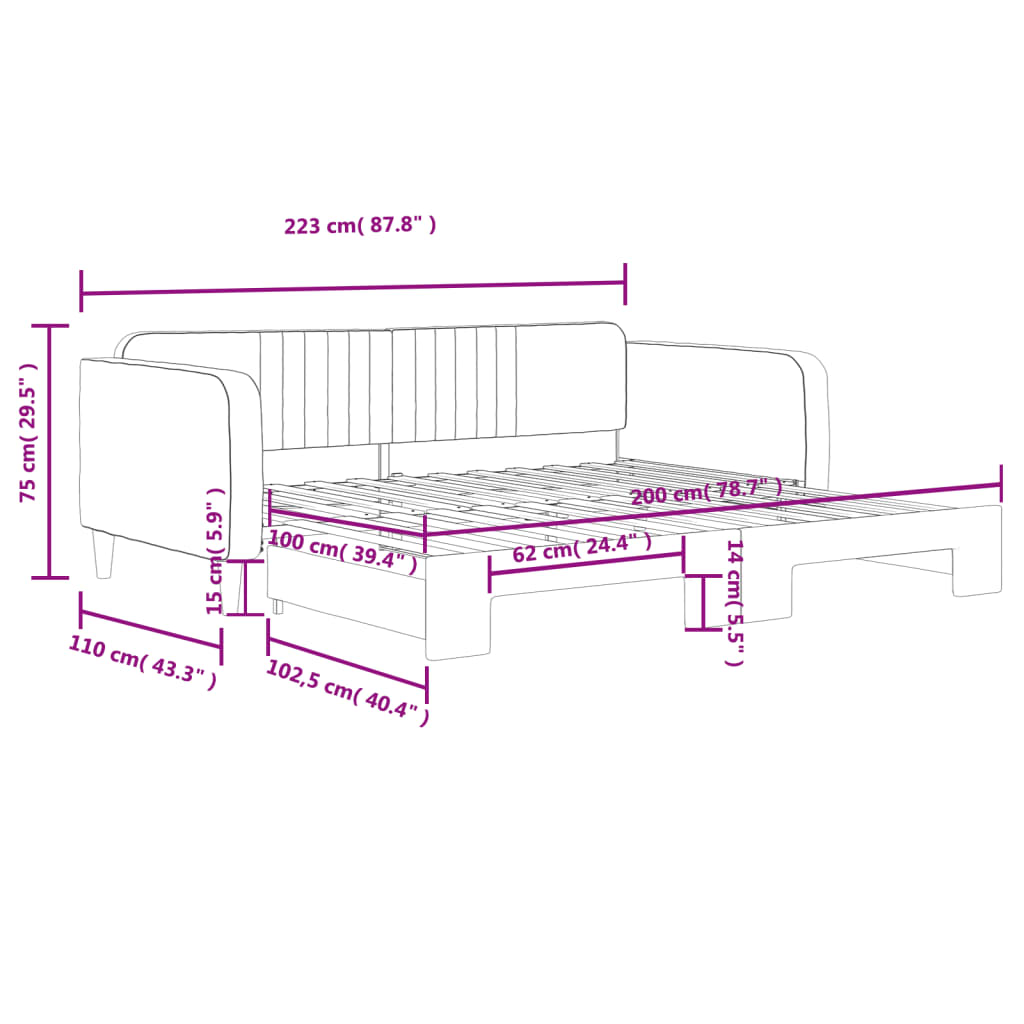 vidaXL Dagbädd utdragbar ljusgrå 100x200 cm sammet