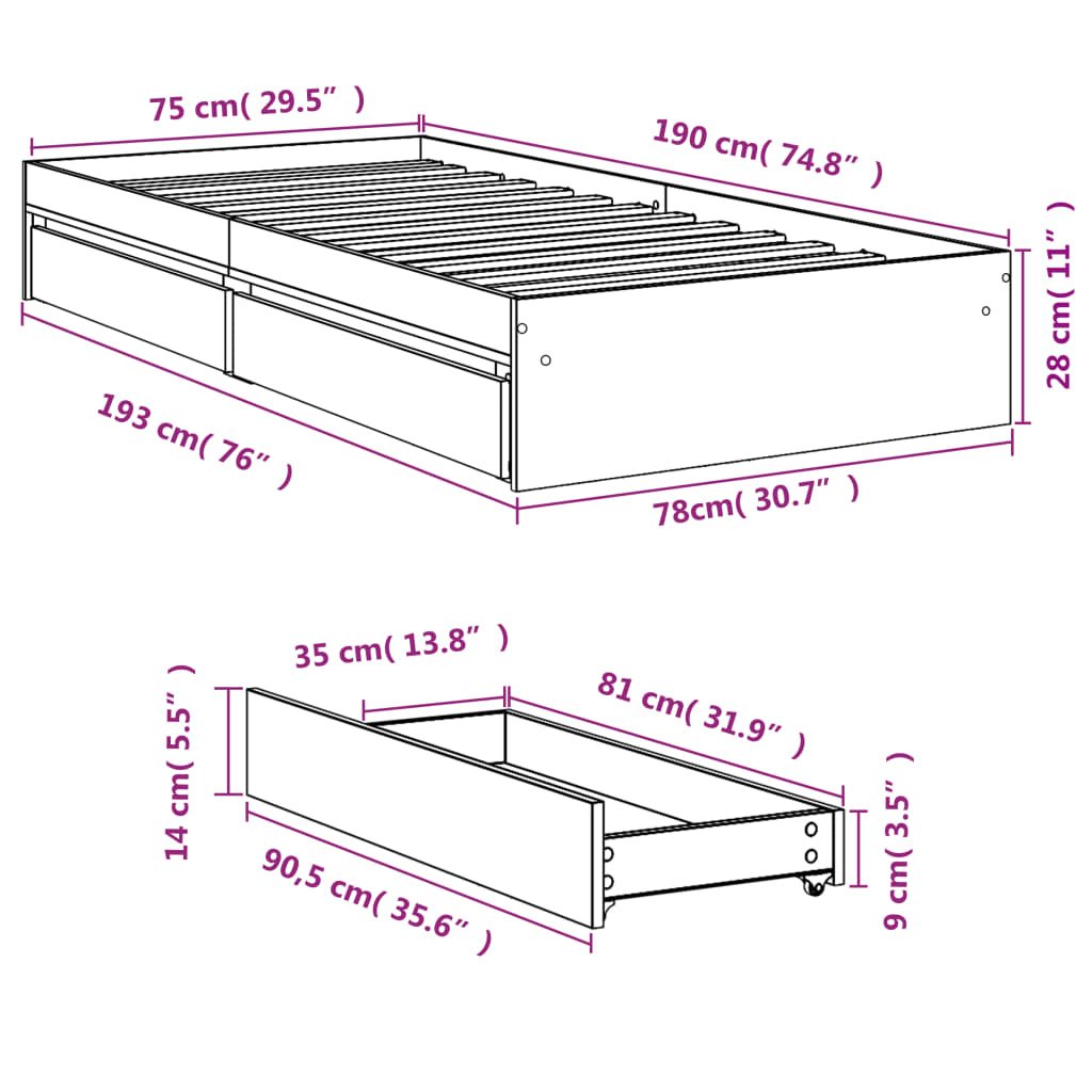 vidaXL Sängram med lådor sonoma-ek 75x190 cm konstruerat trä