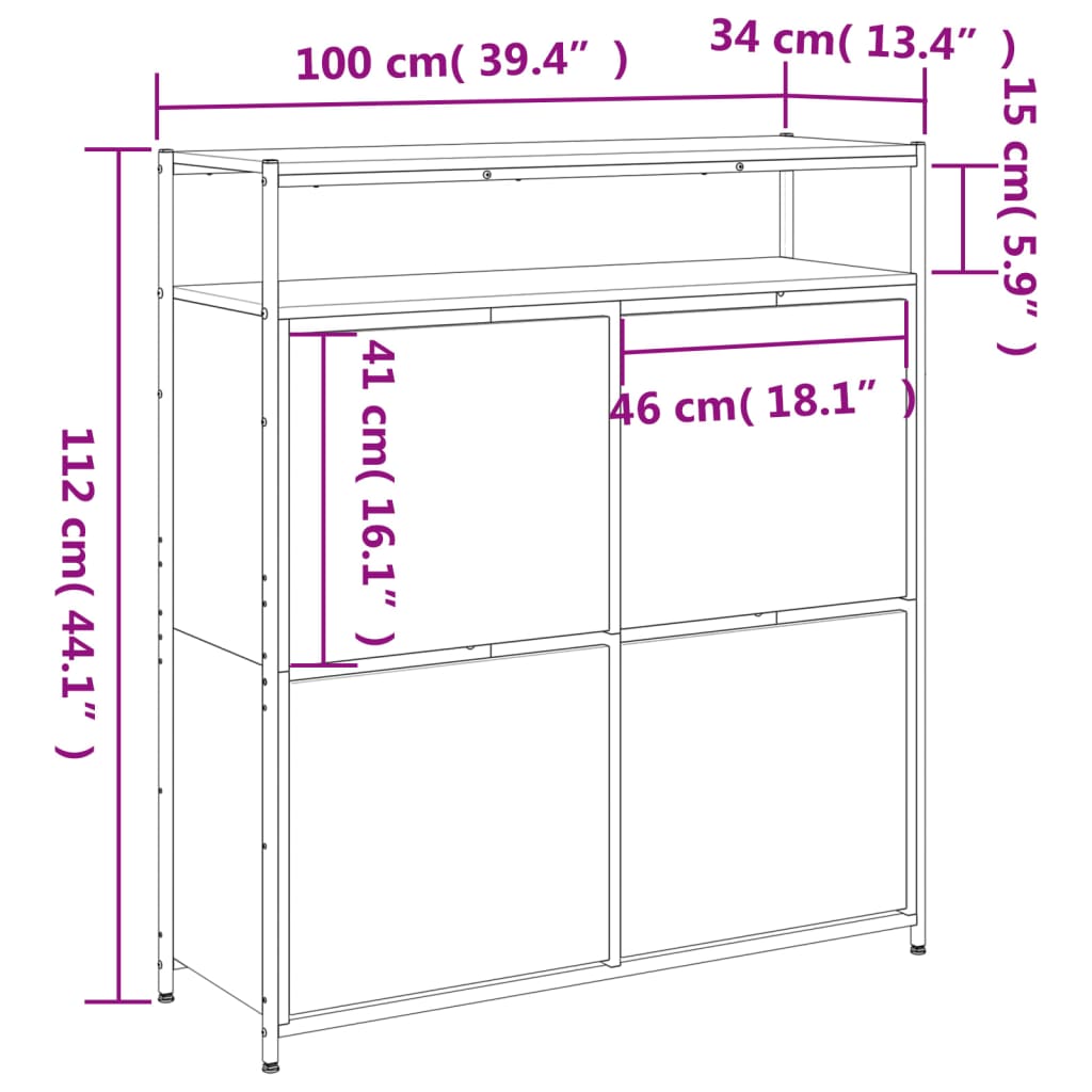 vidaXL Skoskåp med 4 flip-lådor sonoma-ek 100x34x112 cm