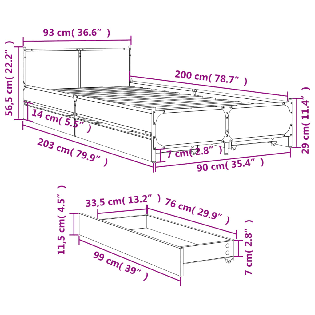 vidaXL Sängram med lådor sonoma-ek 90x200 cm konstruerat trä