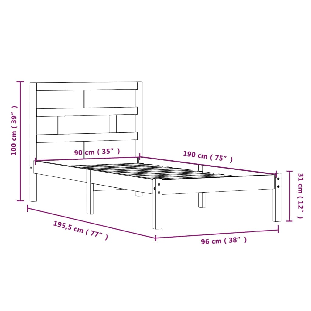 vidaXL Sängram massiv furu 90x190 cm vit