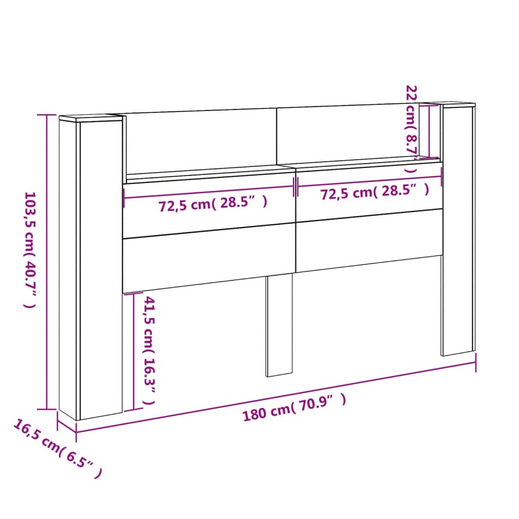 vidaXL Sänggavel med LED svart 180x16,5x103,5 cm