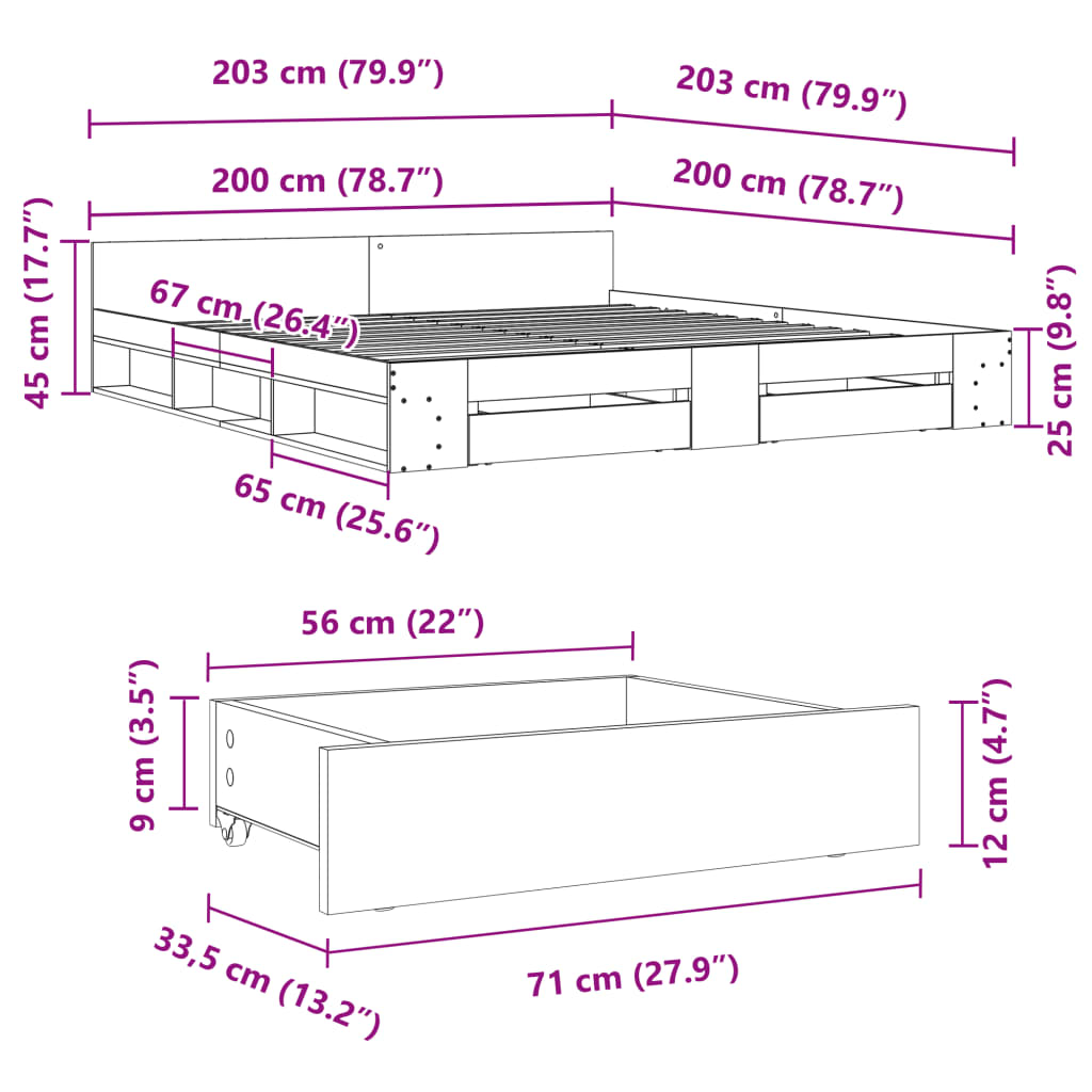 vidaXL Sängram med lådor sonoma-ek 200x200 cm konstruerat trä