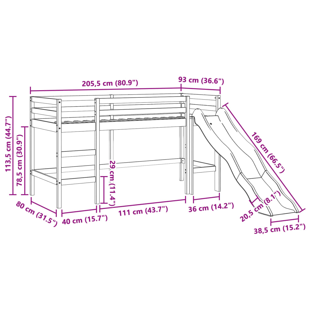 vidaXL Loftsäng med tunnel blå 80x200 cm massiv furu