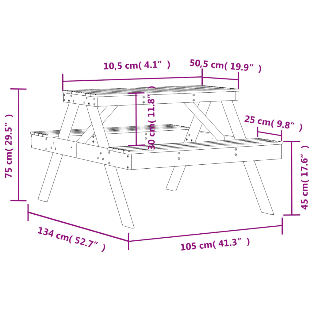 vidaXL Picknickbord vit 105x134x75 cm massivt trä