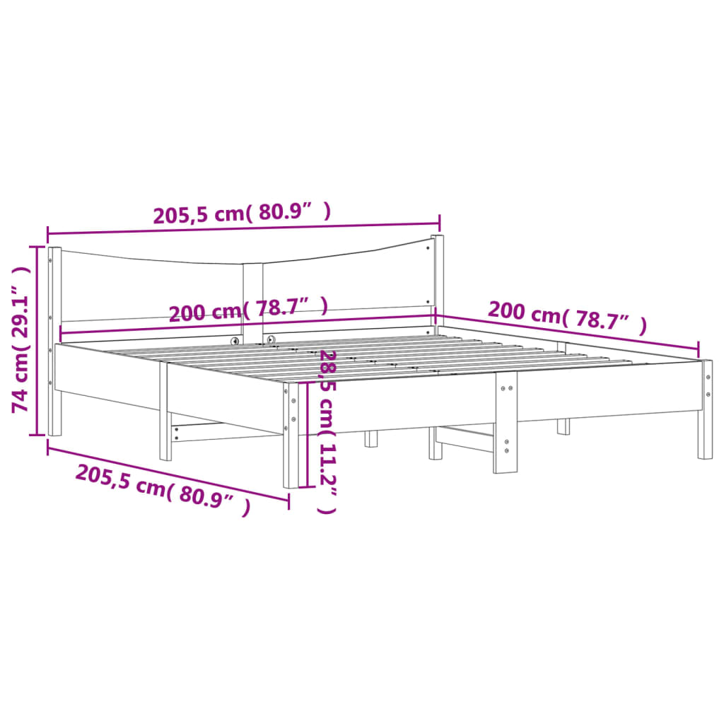 vidaXL Sängram utan madrass vit 200x200 cm massiv furu