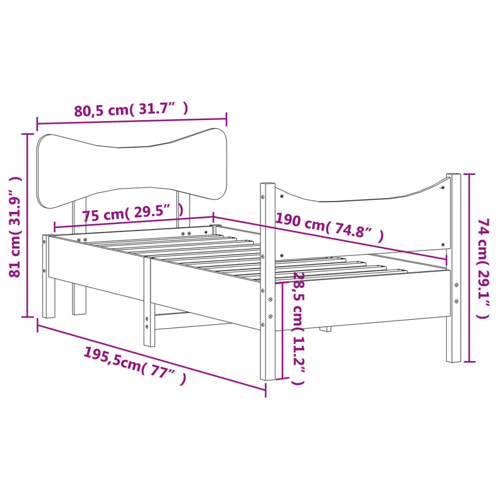 vidaXL Sängram utan madrass vaxbrun 75x190 cm massiv furu