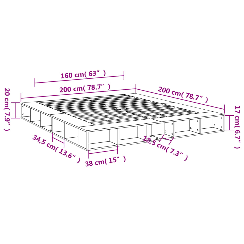 vidaXL Sängram grå sonoma 200x200 cm konstruerad trä