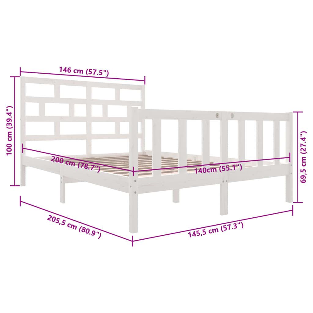 vidaXL Sängram vit massiv furu 140x200 cm