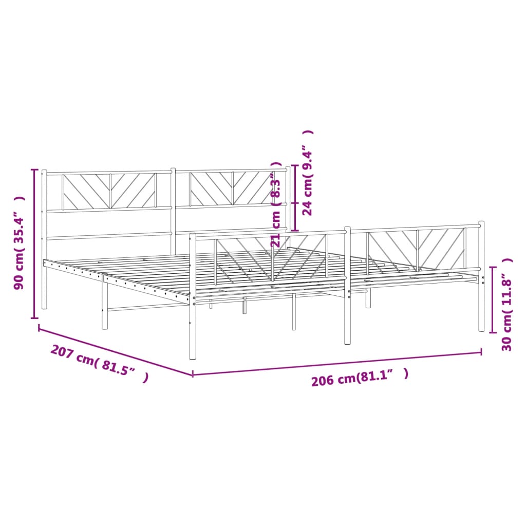 vidaXL Sängram med huvudgavel och fotgavel vit metall 200x200 cm