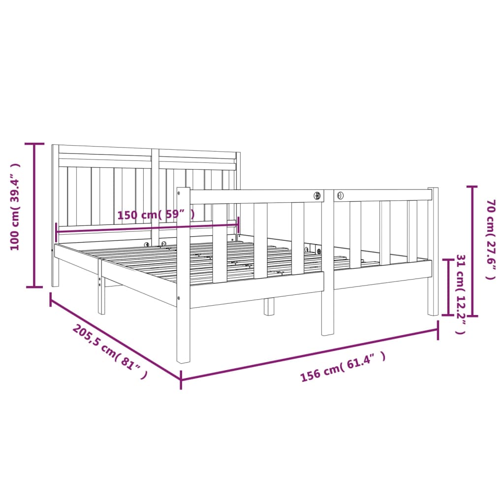 vidaXL Sängram massivt trä 150x200 cm svart