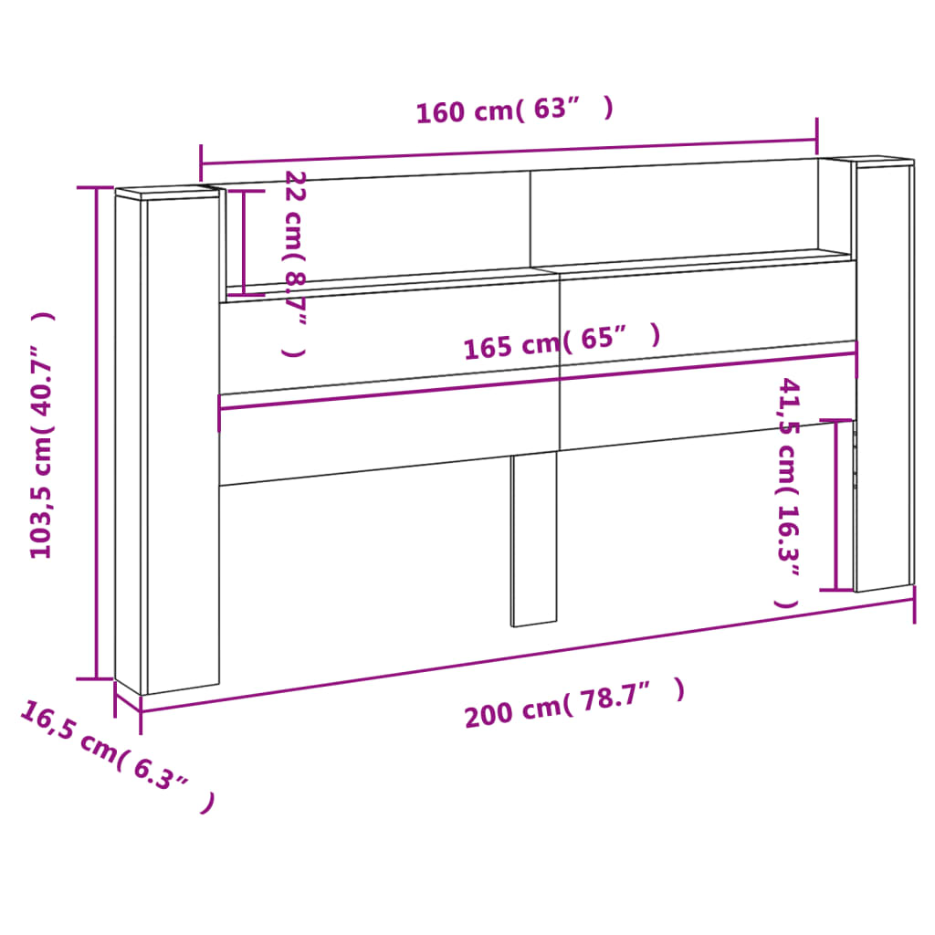 vidaXL Sänggavel med LED grå sonoma 200x16,5x103,5 cm