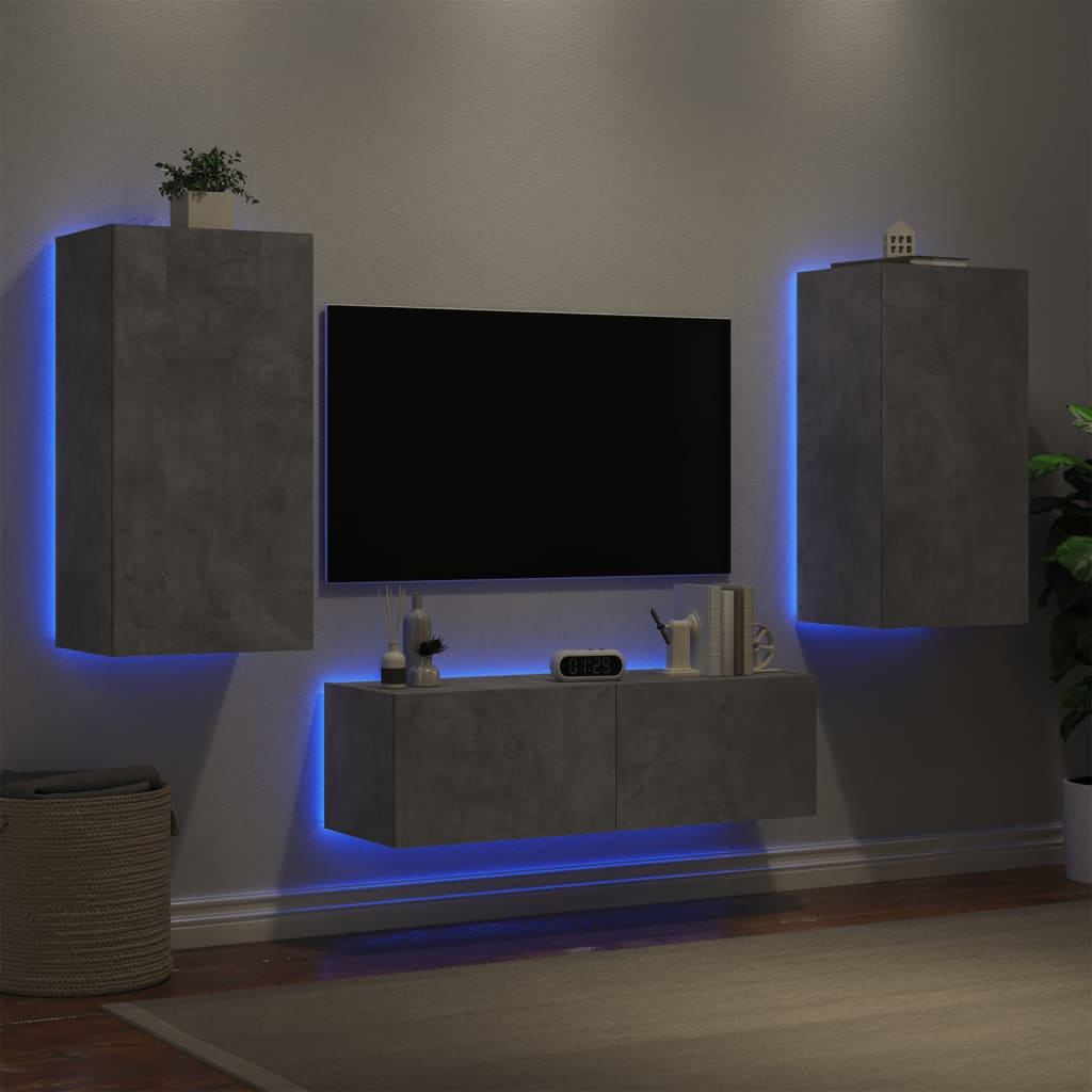 vidaXL Väggmonterade TV-skåp 3 delar LEDs betonggrå