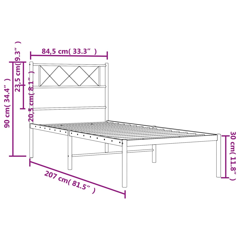 vidaXL Sängram med huvudgavel metall svart 80x200 cm