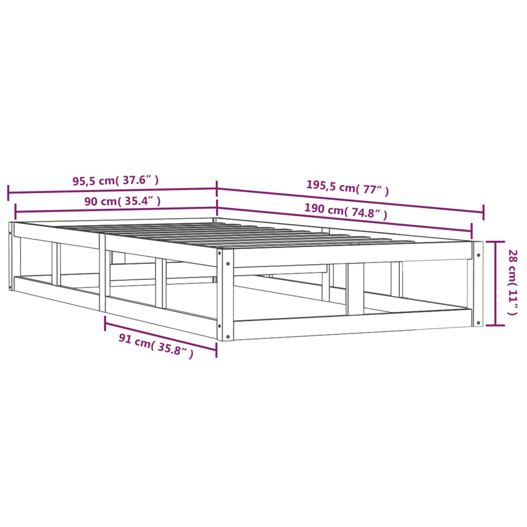 vidaXL Sängram massiv furu 90x190 cm