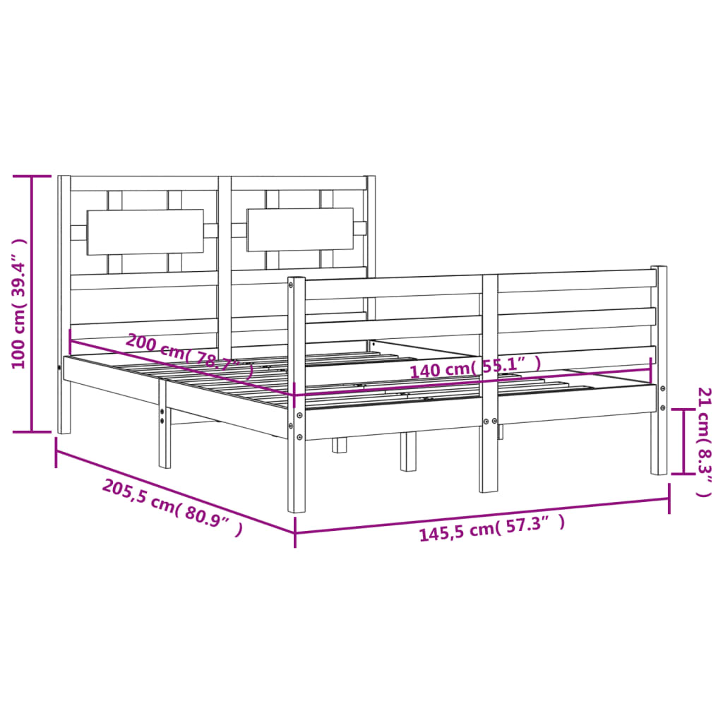 vidaXL Sängram med huvudgavel vit 140x200 cm massivt trä