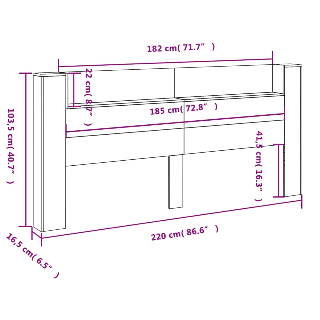 vidaXL Sänggavel med LED rökfärgad ek 220x16,5x103,5 cm