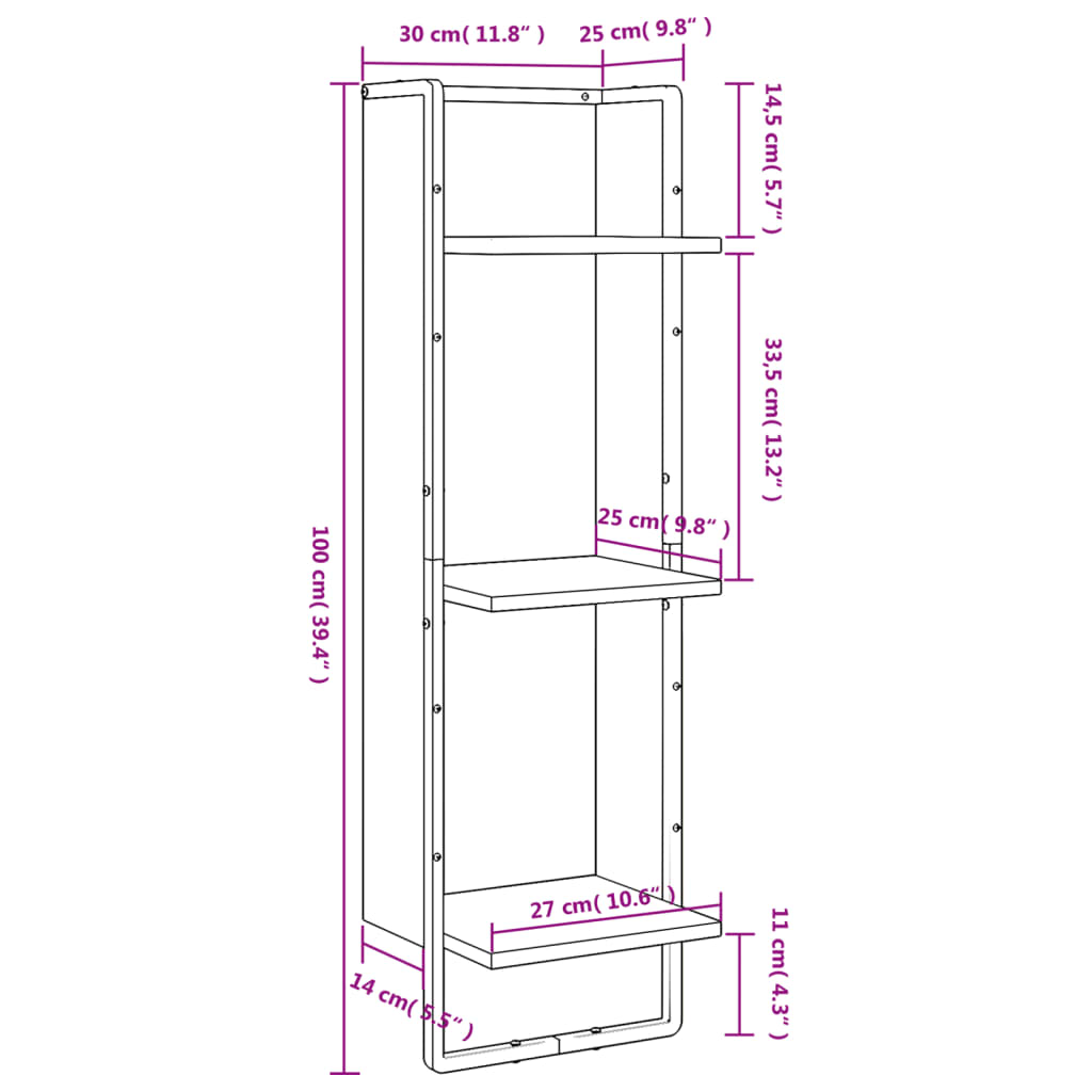 vidaXL Vägghylla 3 hyllor svart 30x25x100 cm konstruerat trä