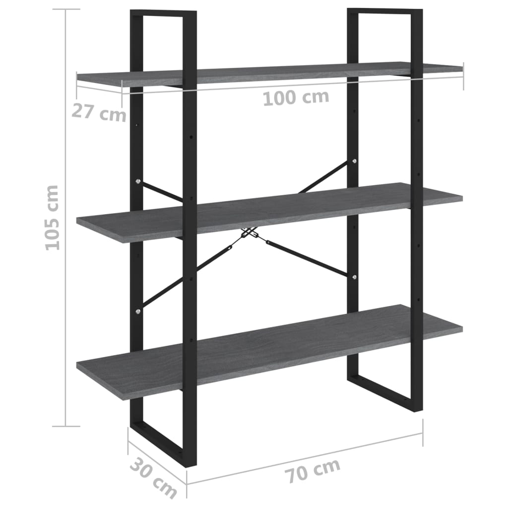 vidaXL Bokhylla 3 hyllplan grå 100x30x105 cm massiv furu